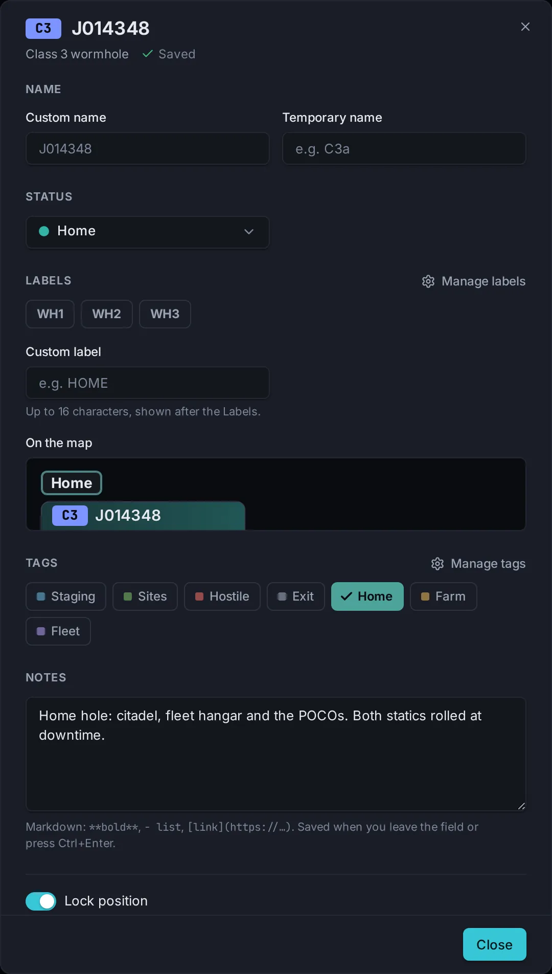 The Edit system dialog for J014348: custom and temporary names, status Home, Labels WH1 to WH3, a preview of the chips above the node, Tags, Markdown notes and the position lock.